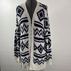 Trucloth Cardigan Duster Sweater Women Size L Black & White Geometric Pattern